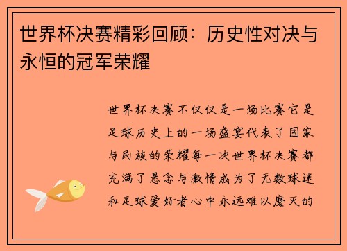 世界杯决赛精彩回顾：历史性对决与永恒的冠军荣耀